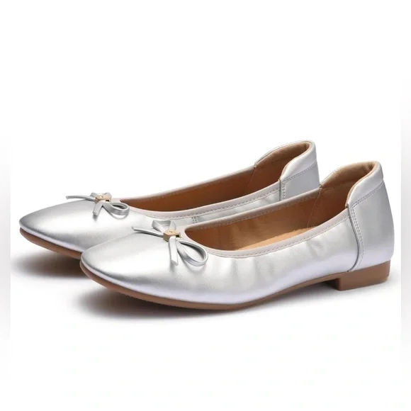 Mumuwu Silver Ballet Flats Womens Size 8.5 Memory Foam Comfort Shoes - Picture 2 of 8